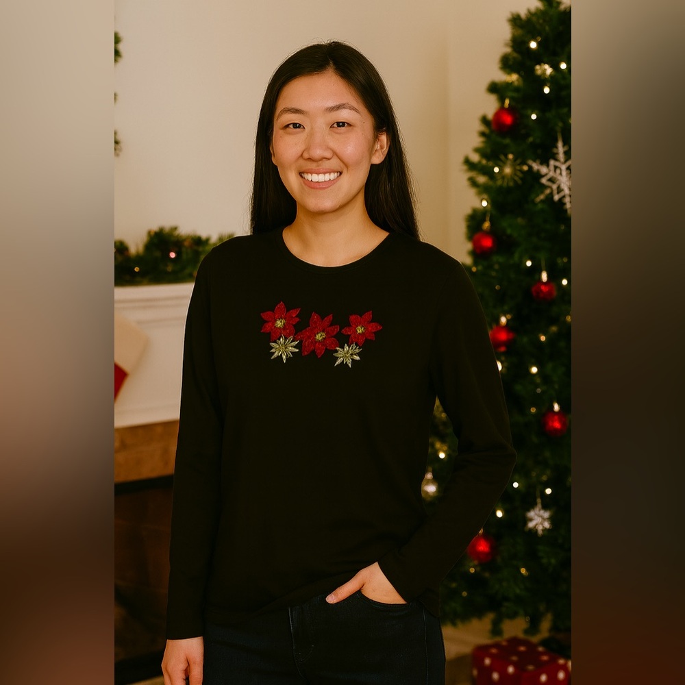 5/$15 Classic Elements Black Top with Red poinsettias NEW embroidered sequins